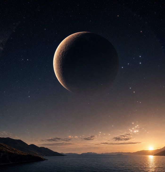 Moon rising over a calm sea at dusk
